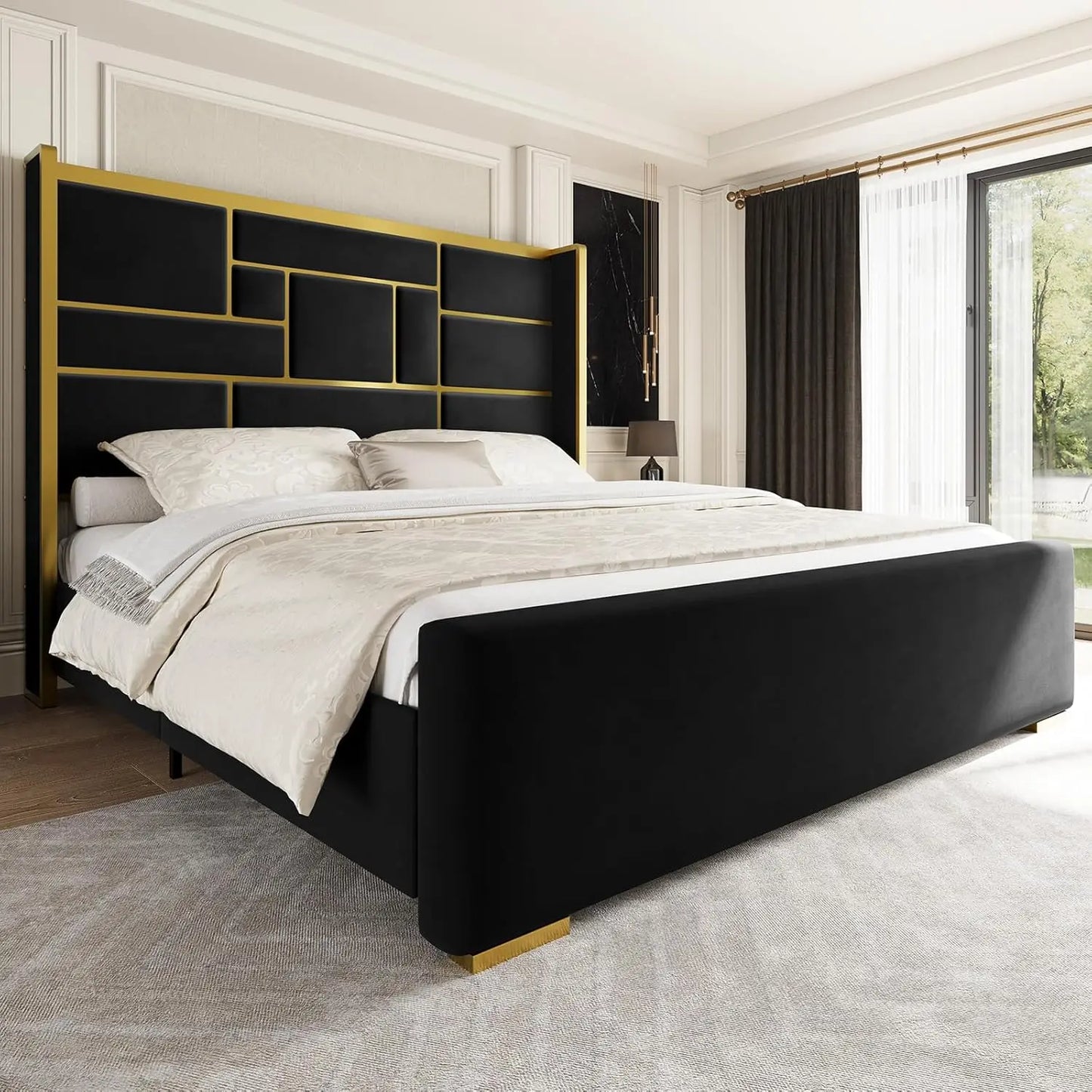 Base de Cama con Cabecera de 55.12 Pulgadas de Alto, Cama de Plataforma Moderna y Lujosa Tapizada en Terciopelo con Detalles en Dorado, Cabecero Ancho, Personalizable