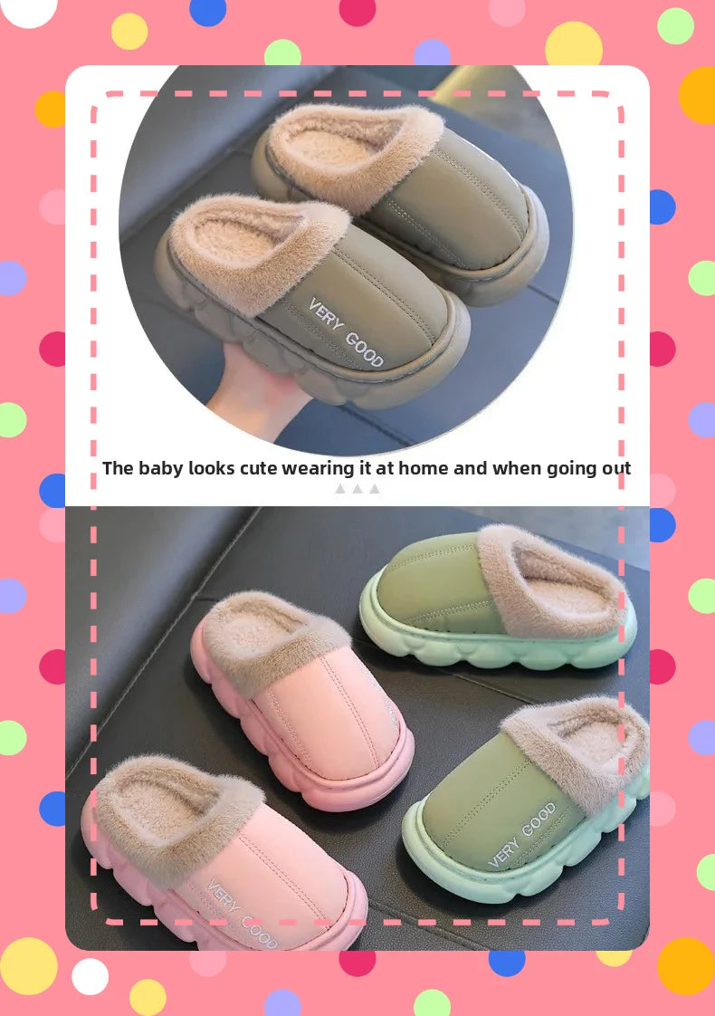 Zapatillas antideslizantes impermeables para niños, zapatos de casa de felpa cálidos para invierno para niños y niñas, uso doméstico en interiores y exteriores