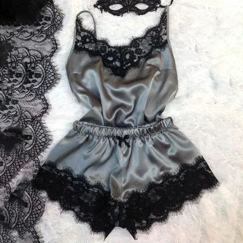 Conjunto de pijama de satén de encaje para mujer, ropa de dormir con cuello en V, lencería Sexy elástica, chaleco con tirantes, Top, pijama, pantalones cortos para dormir, conjunto de ropa de dormir