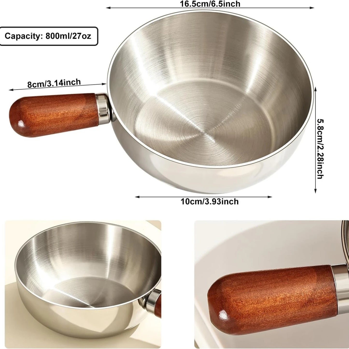 Olla para Leche de Acero Inoxidable con Mango de Madera Resistente al Calor, Base Antideslizante, Mini Cacerola para Calentar Leche
