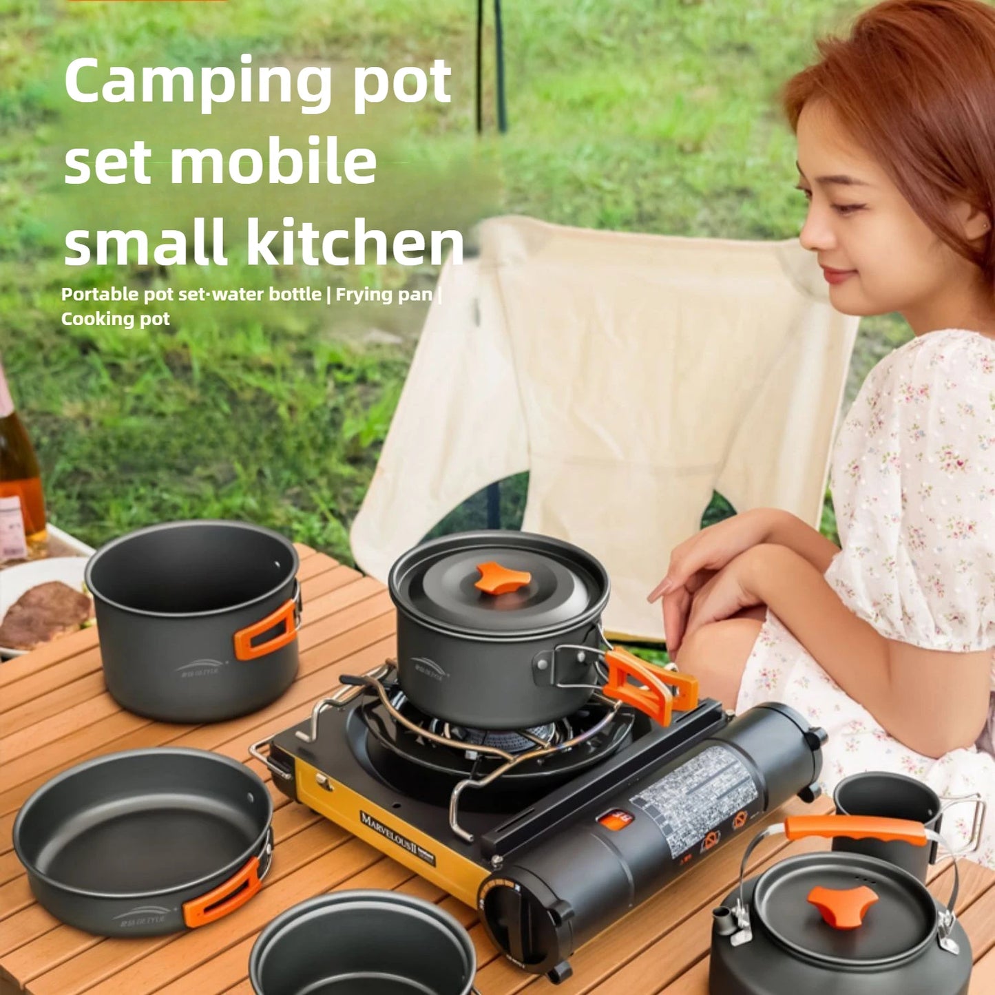 Utensilios de cocina para senderismo al aire libre, utensilios de cocina para acampar, tetera de agua hirviendo, equipo de sartén, olla portátil para acampar, juego combinado de suministros