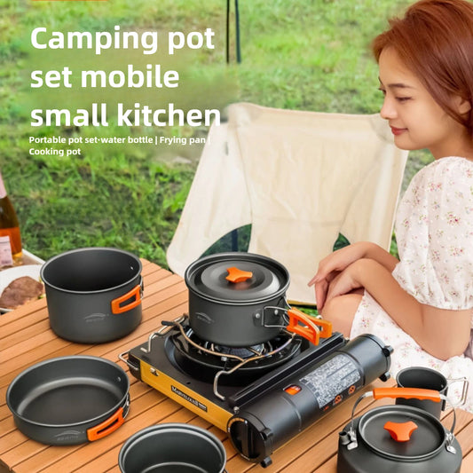 Utensilios de cocina para senderismo al aire libre, utensilios de cocina para acampar, tetera de agua hirviendo, equipo de sartén, olla portátil para acampar, juego combinado de suministros