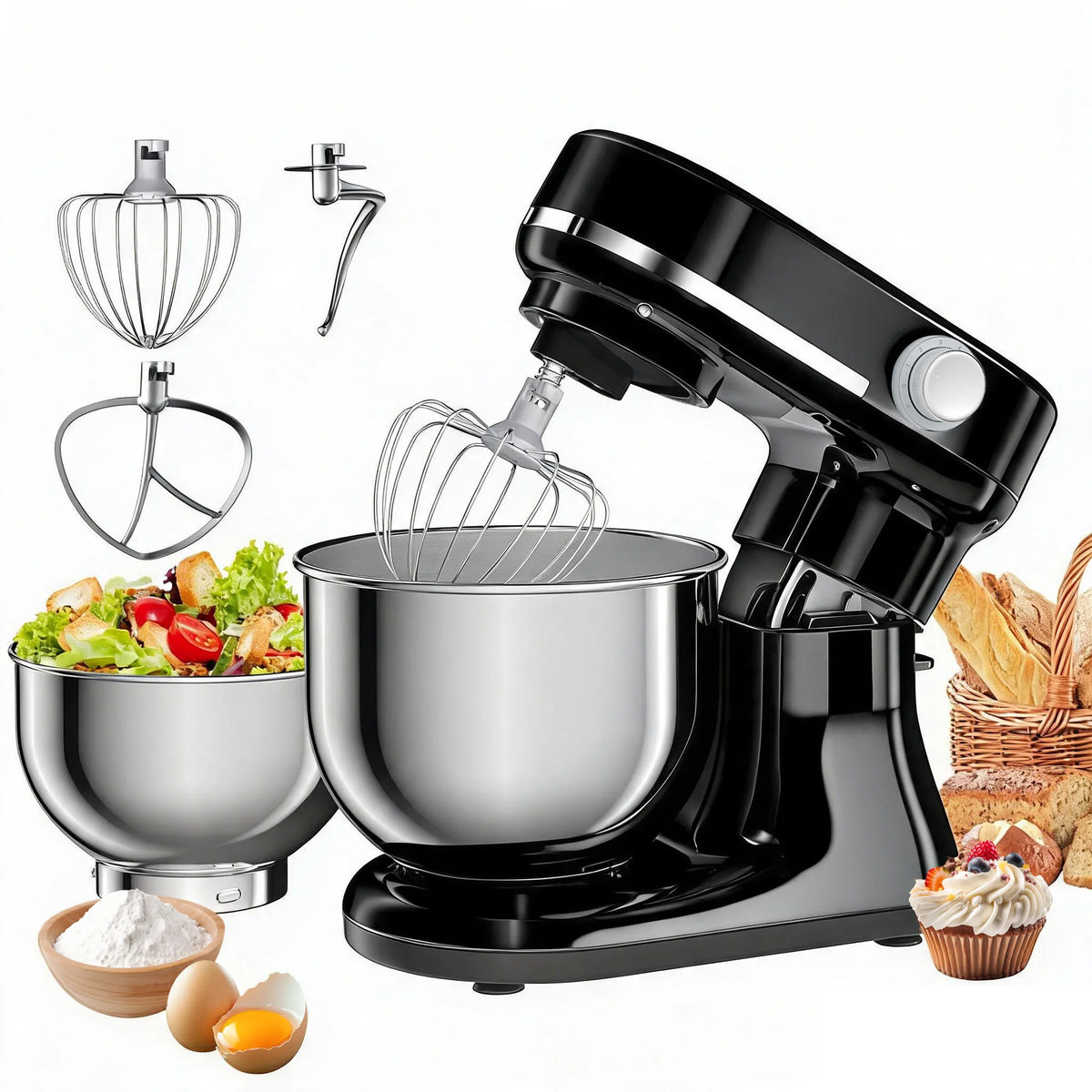 Batidora de Pedestal BioloMix de Doble Tazón y 8 Velocidades – Tazones Intercambiables de 5.5L y 4L, Batidor de Varillas, Gancho Amasador y Batidor Plano
