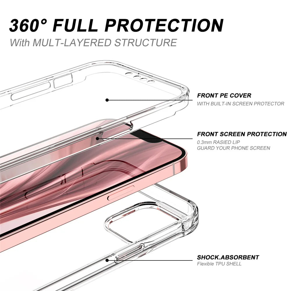 Funda protectora transparente frontal y trasera de cuerpo completo 360 para iPhone 17 16 15 12 13 14 11 Pro XS Max 7 8 Plus, funda trasera dura suave