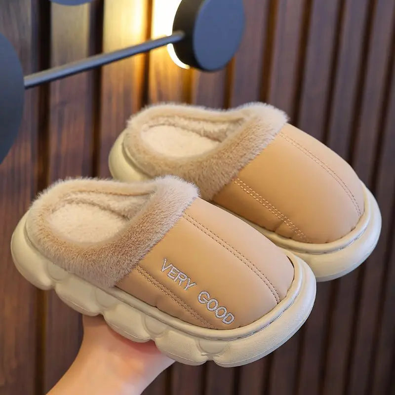 Zapatillas antideslizantes impermeables para niños, zapatos de casa de felpa cálidos para invierno para niños y niñas, uso doméstico en interiores y exteriores