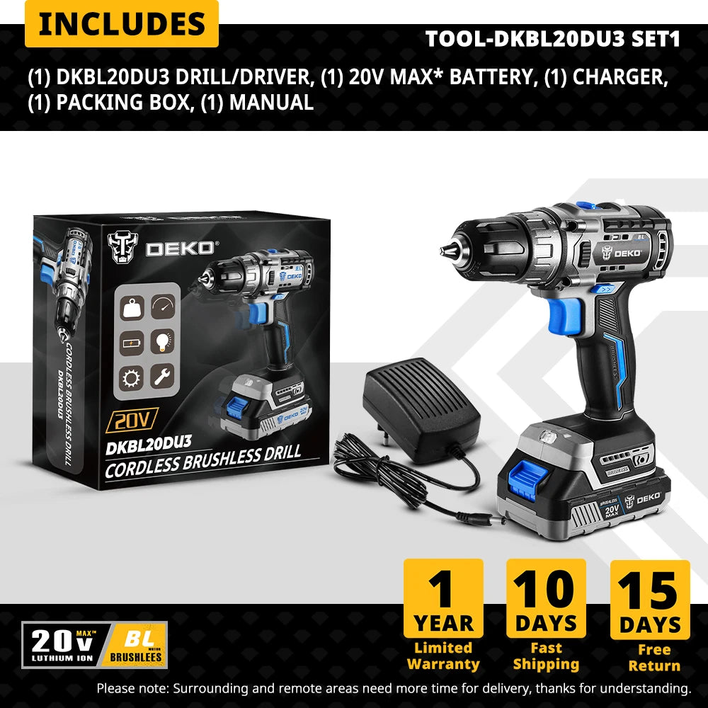 DEKO-Taladro Inalámbrico sin escobillas de 20V, Kit combinado de Mini destornillador eléctrico, herramientas eléctricas de 2 velocidades para carpintería