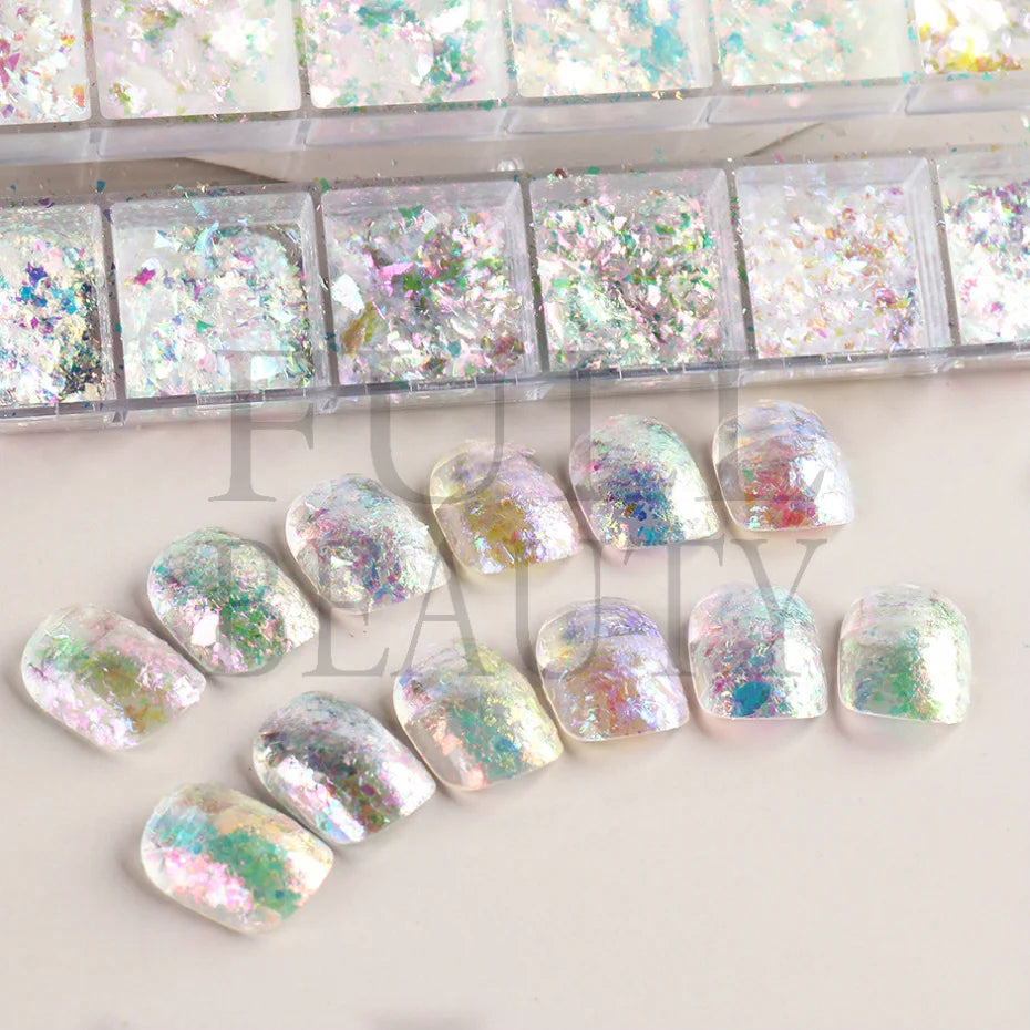 12 rejillas iridiscentes para uñas Aurora, purpurina de cristal, copos de fuego, holográficos, lentejuelas brillantes, dijes, esmalte de Gel, Flash para manicura