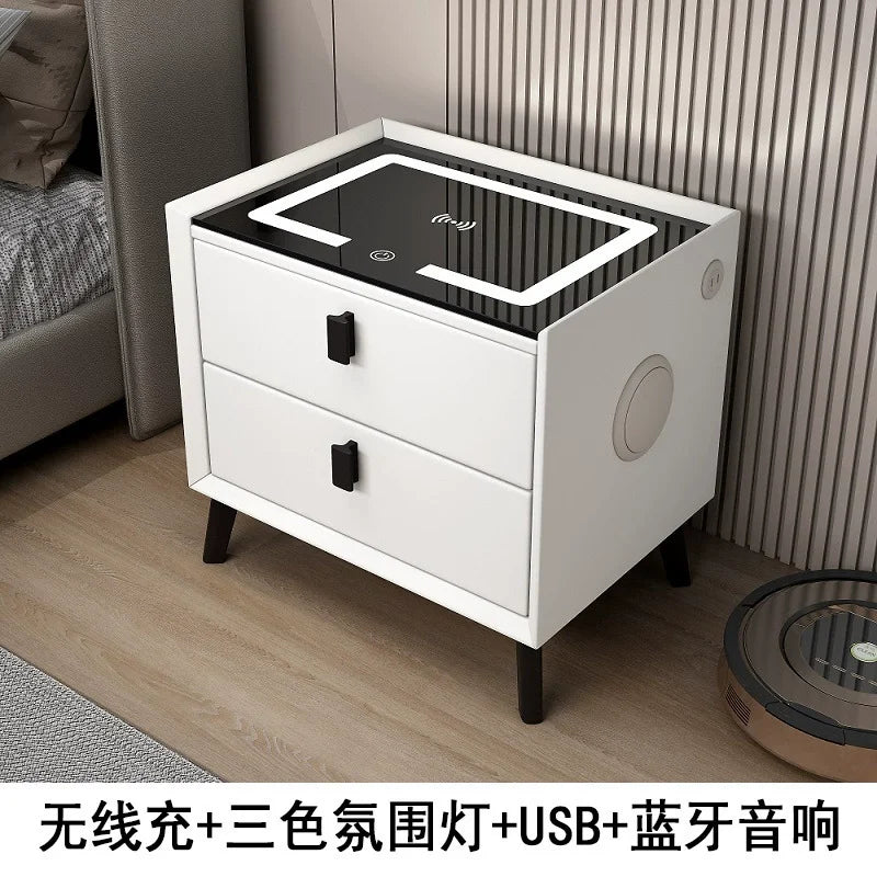 Mesita de noche de madera inteligente con altavoz cargador inalámbrico, mesita de noche minimalista moderna de dos cajones, muebles multifuncionales para el hogar