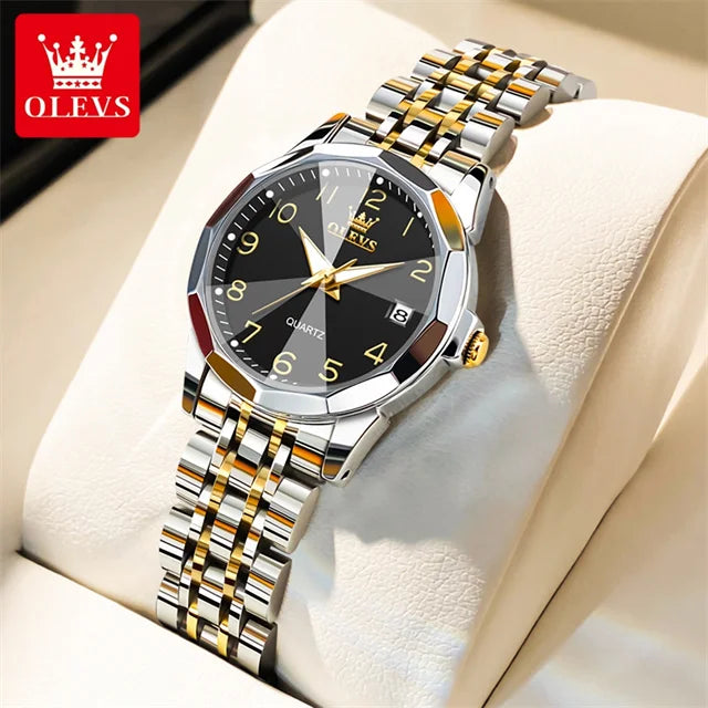 OLEVS 9970 reloj de lujo para parejas, reloj de pulsera con calendario resistente al agua de acero inoxidable para hombres y mujeres, reloj para amantes del espejo con rombos y esfera Digital