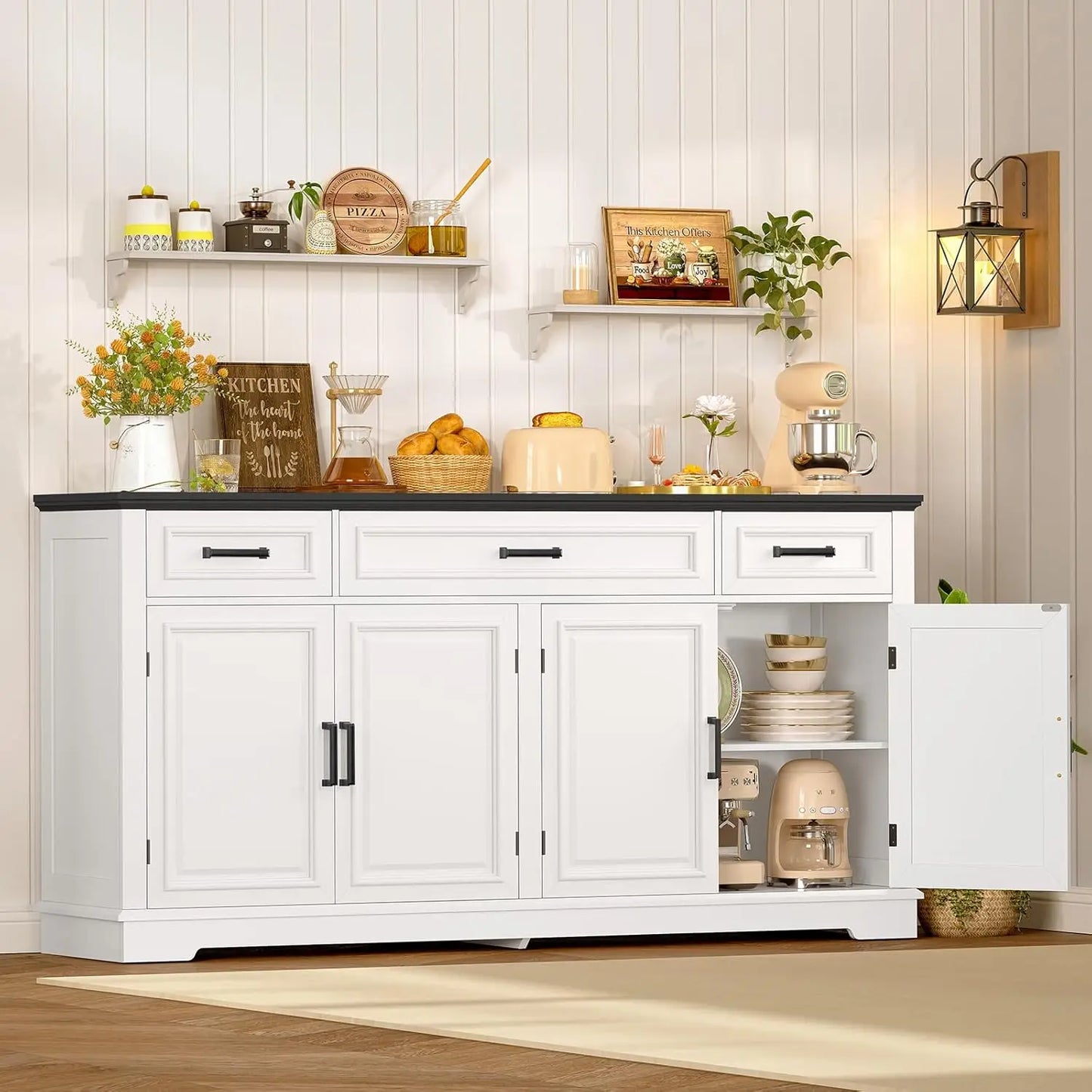 59" Large Buffet Cabinet with 4 Doors 3 Drawers Adjustable Shelves Coffee Wine Bar Storage Living Room, Customized