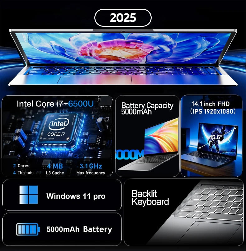 2026 Intel Core i7-6500U 14,1 "portátil 32GB RAM 2048GB SSD ROM 5000mAh Windows 11 Pro 3 años de garantía portátil
