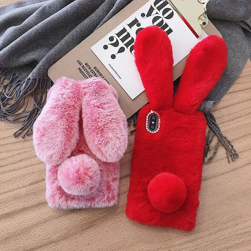 Funda de teléfono de piel de conejo de peluche 3D para iPhone 17 16 15 14 13 12 11 Pro Max funda de silicona suave