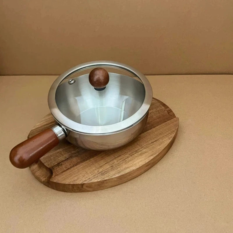 Olla para leche de acero inoxidable con mango de madera, olla compacta para cocinar, adecuada para freír huevos y calentar leche