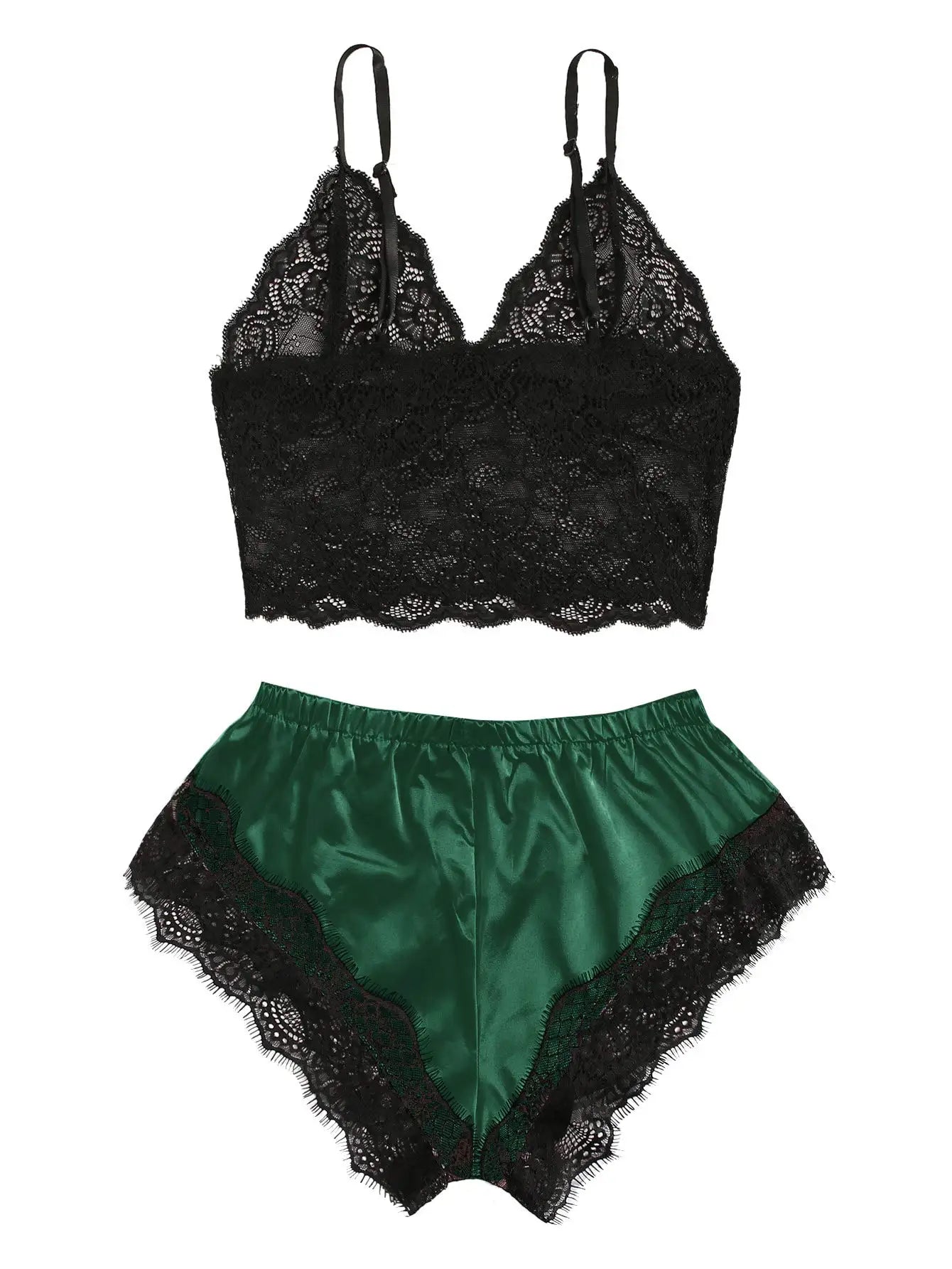 Conjunto de pijama de encaje sexy de 2 piezas para mujer Bralette transparente Cami Top y pantalones cortos Ropa de dormir transpirable Lencería de verano de talla grande