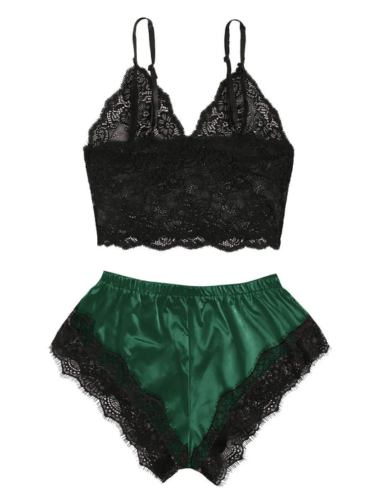 Conjunto de pijama de encaje sexy de 2 piezas para mujer Bralette transparente Cami Top y pantalones cortos Ropa de dormir transpirable Lencería de verano de talla grande