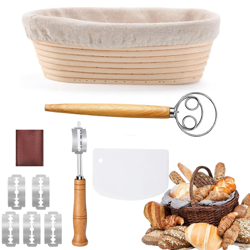 Juego de cestas para probar pan Banneton, cestas Banneton ovaladas de 10 ", suministros para hornear pan de masa fermentada con pan cojo, batidor de masa, C