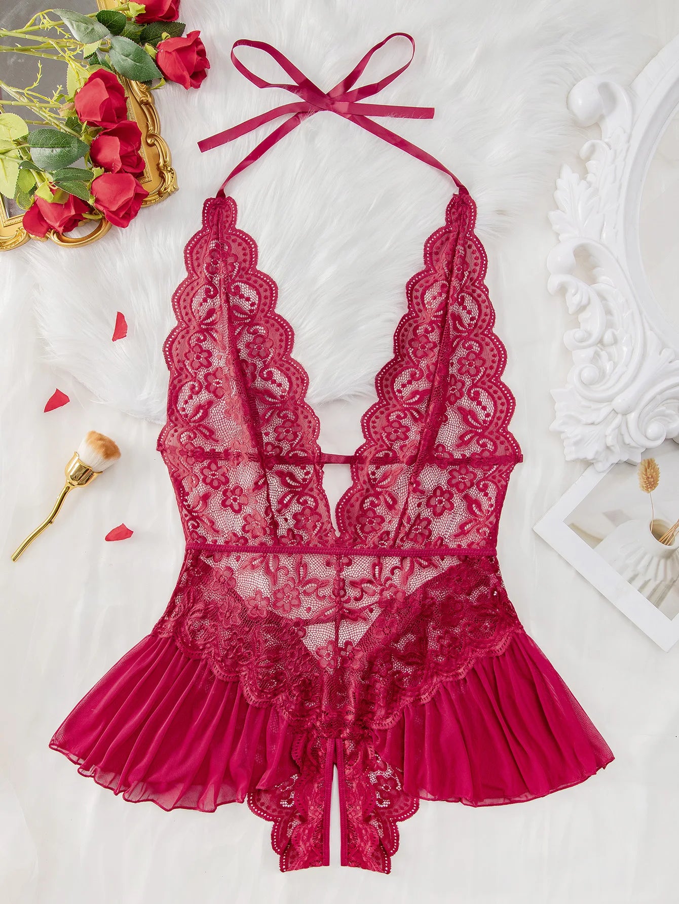 Conjunto de lencería erótica hueca de realce para mujer, ropa interior transparente de encaje, conjunto de sujetador erótico ajustado, vestido de dormir Sexy de encaje a la moda
