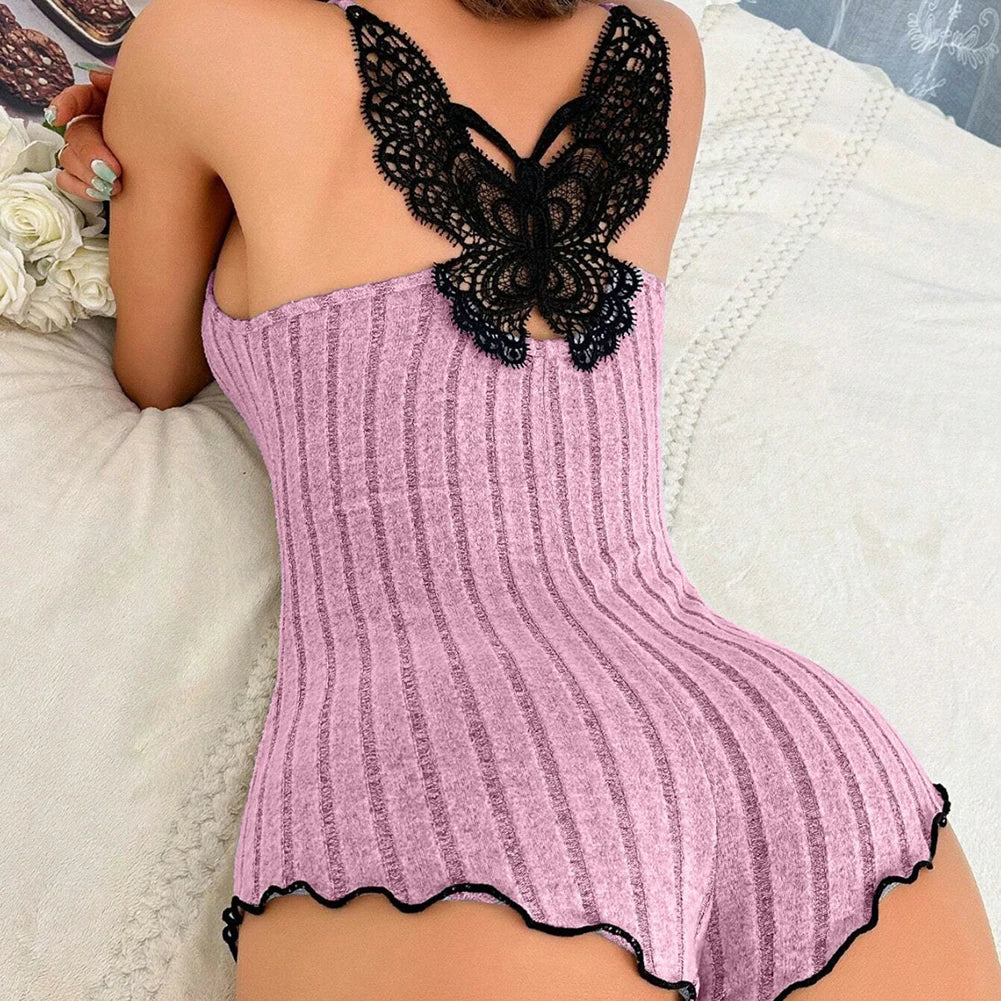 Pijamas de verano para mujer, ropa de dormir, moda, diseño de lazo trasero, mono empalmado de encaje, ropa de descanso