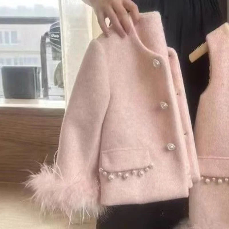 Ropa coreana para niñas, traje de lana, invierno 2025, nuevo estilo occidental, abrigo de alta gama para niños, chaleco, conjunto de dos piezas