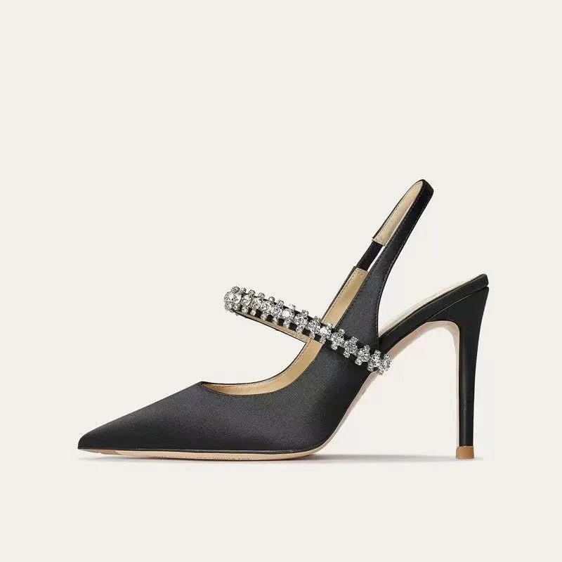 Tacones altos para mujer nueva primavera y otoño Baotou puntiagudos boca poco profunda tacón de aguja sandalias con temperamento de diamantes de imitación