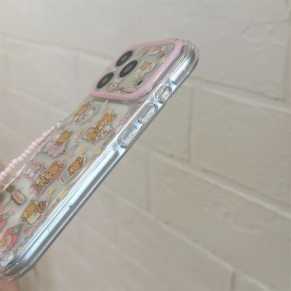 Funda de Teléfono con Diseño de Rilakkuma y Fresas para iPhone 17 Pro, 16 Pro Max, 15 Pro, con Cadena, Fundas Kawaii de Dibujos Animados, Antigolpes