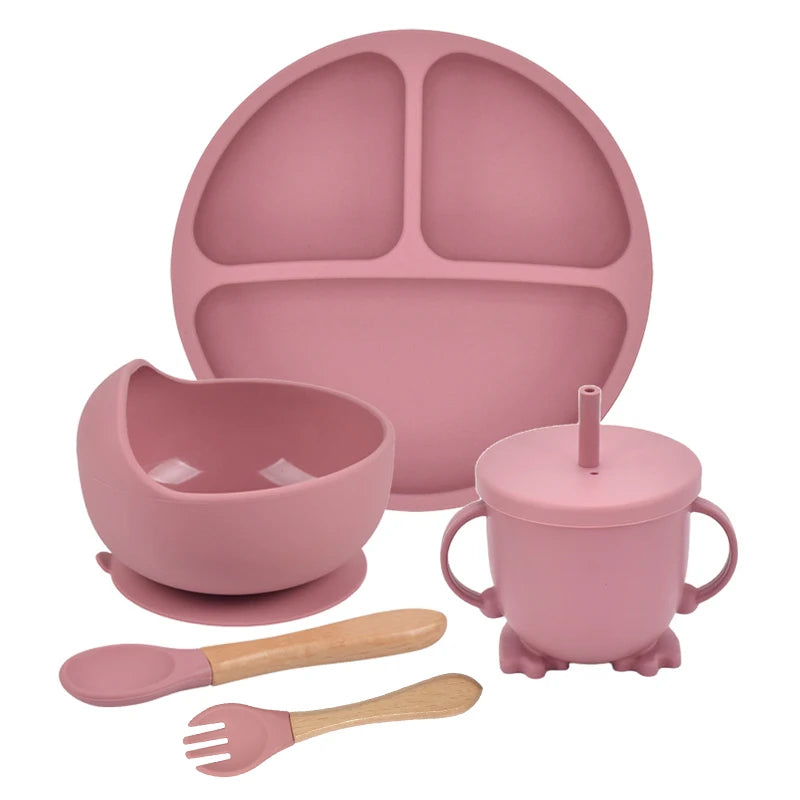 Juego de alimentación de silicona para bebé, cuenco de silicona, plato de comedor, cuchara, tenedor, platos para niños, vajilla de silicona sin BPA, 3/4/5 Uds.