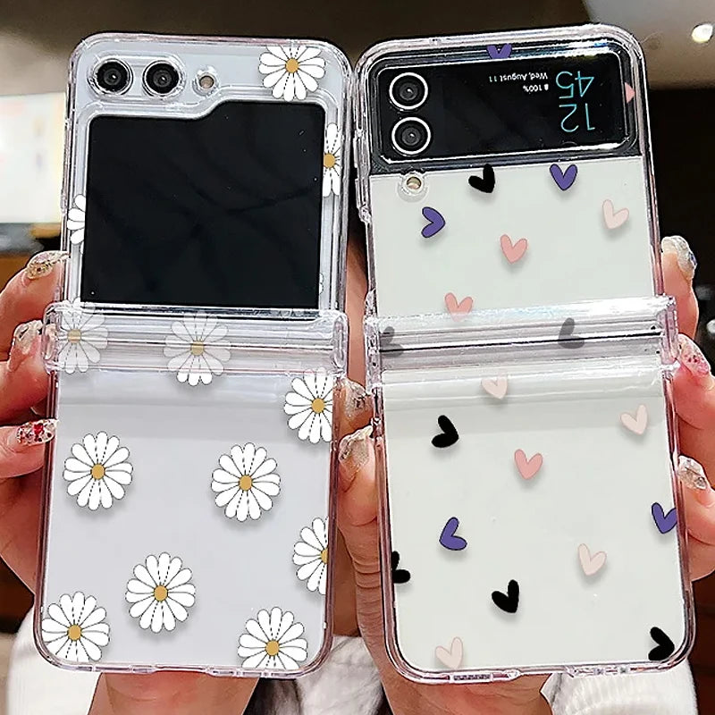 Funda de teléfono transparente con diseño de flor de amor para Samsung Galaxy Z Flip7 FE Flip 7 6 5 4 3 5G Flip5 Flip6, funda dura para PC a prueba de golpes