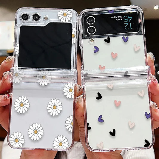 Funda de teléfono transparente con diseño de flor de amor para Samsung Galaxy Z Flip7 FE Flip 7 6 5 4 3 5G Flip5 Flip6, funda dura para PC a prueba de golpes