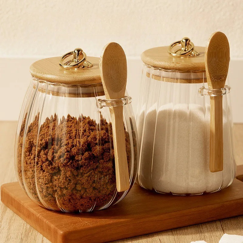 Tarro de vidrio sellado con cuchara y tapa, tarro transparente para especias, pequeño contenedor para almacenar alimentos, tarro para azúcar, tarro para té, tarro para café de cocina