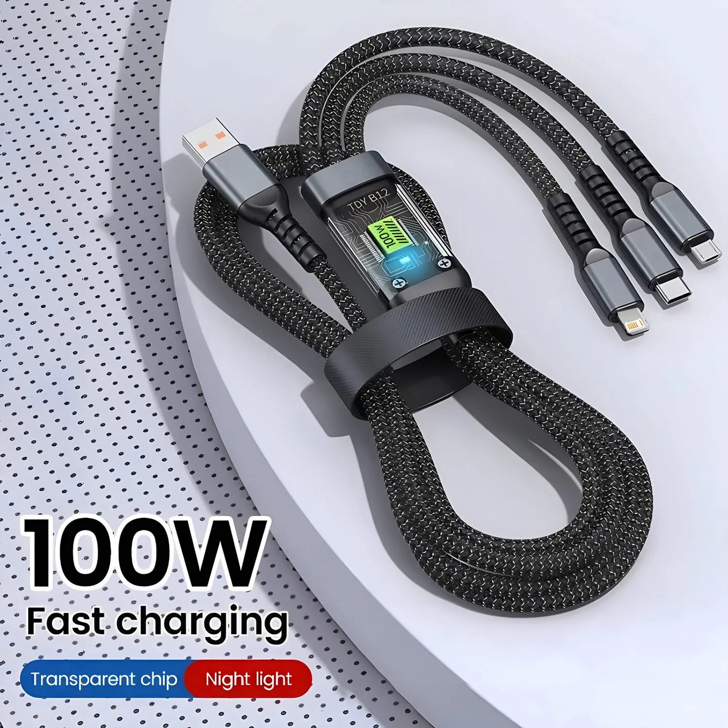 Cable de carga rápida de 100W, Cable cargador múltiple, nailon trenzado, USB múltiple, adaptador de Cable de carga Universal 3 en 1 con Micro tipo C