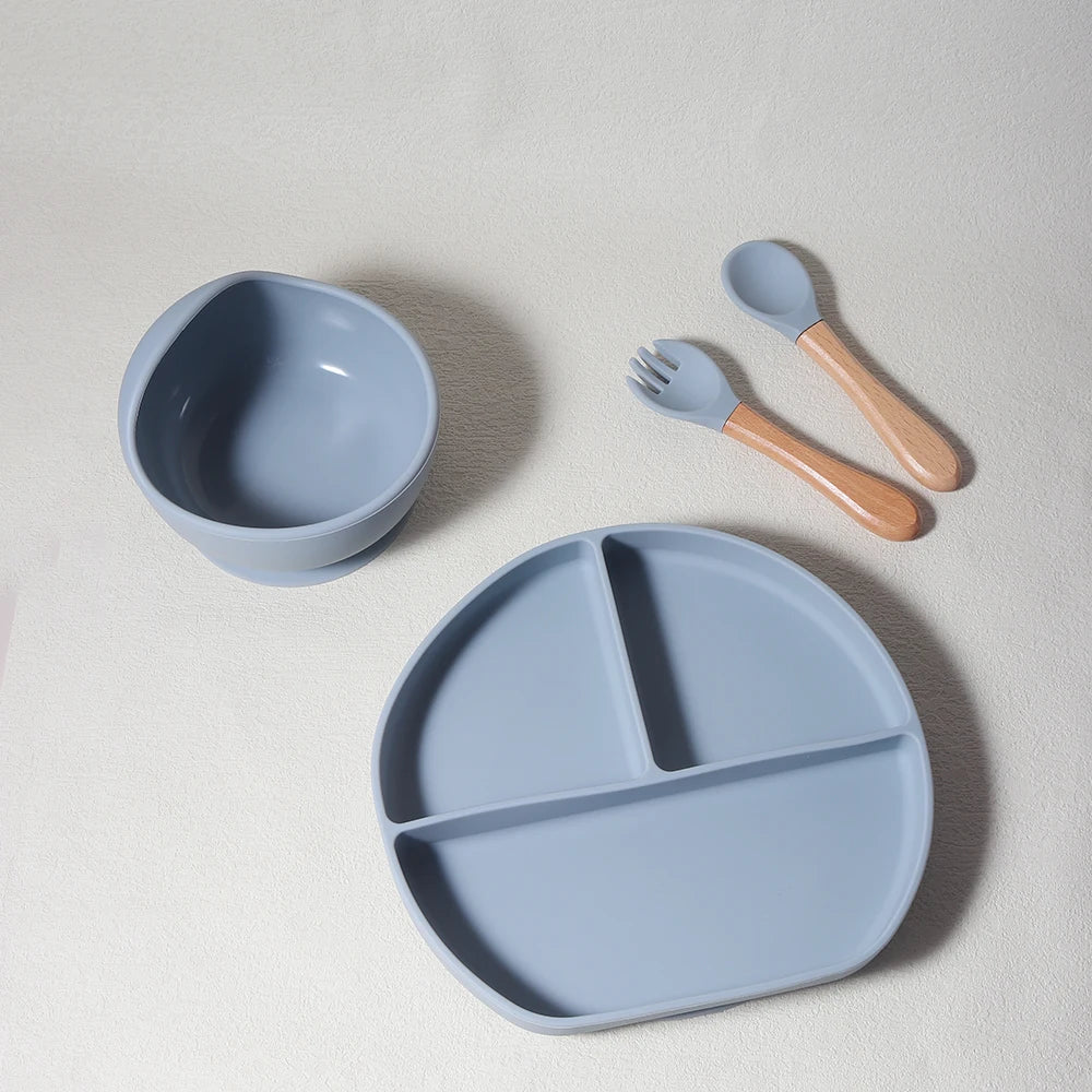 Juego de alimentación de bebé de 4 Uds., plato de succión y cuchara de silicona para bebé, juego de platos para niños, juego de vajilla de silicona para bebé