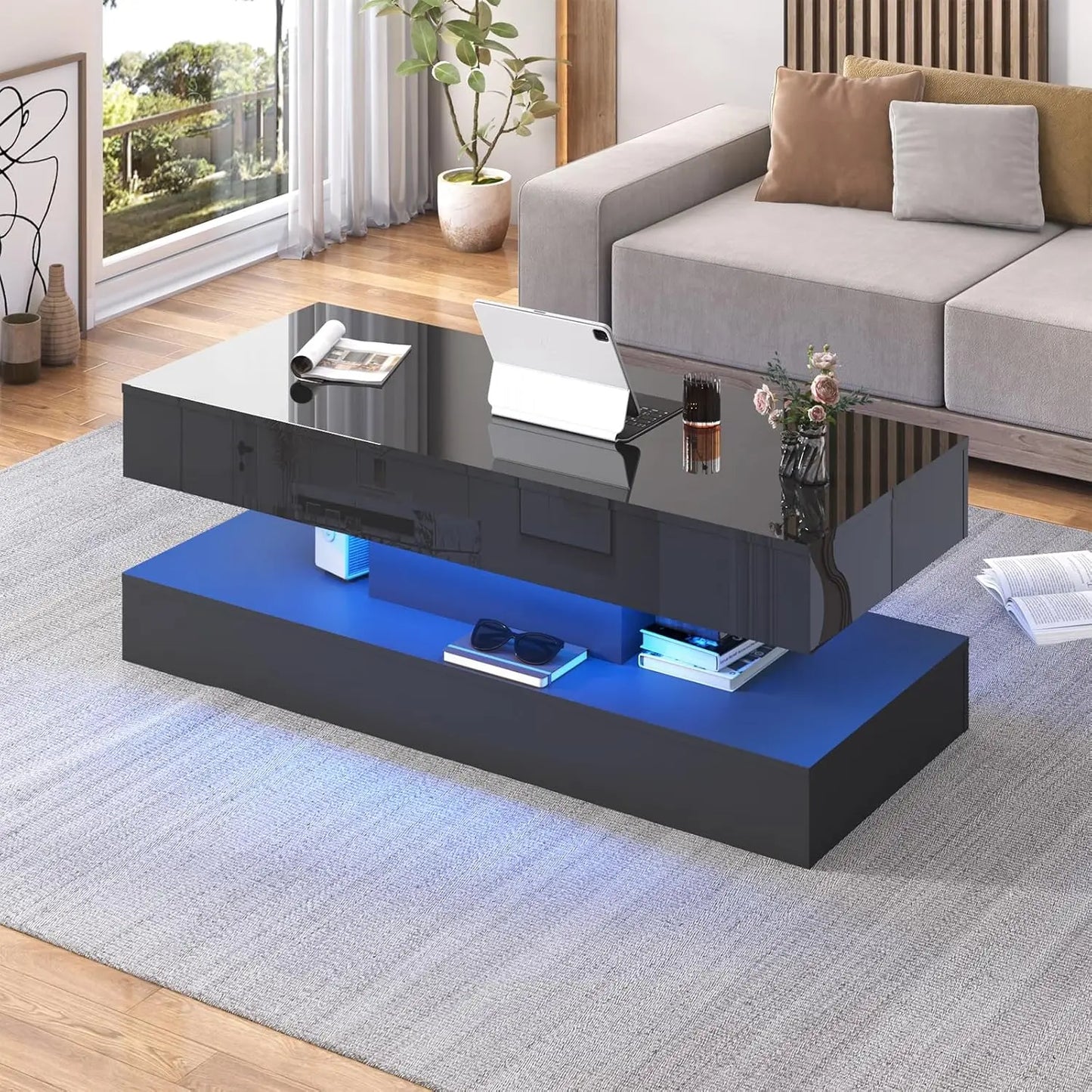 Mesa de Centro Moderna y Elegante con Luces LED, Diseño de Doble Capa para Sala de Estar con 2 Cajones de Almacenamiento
