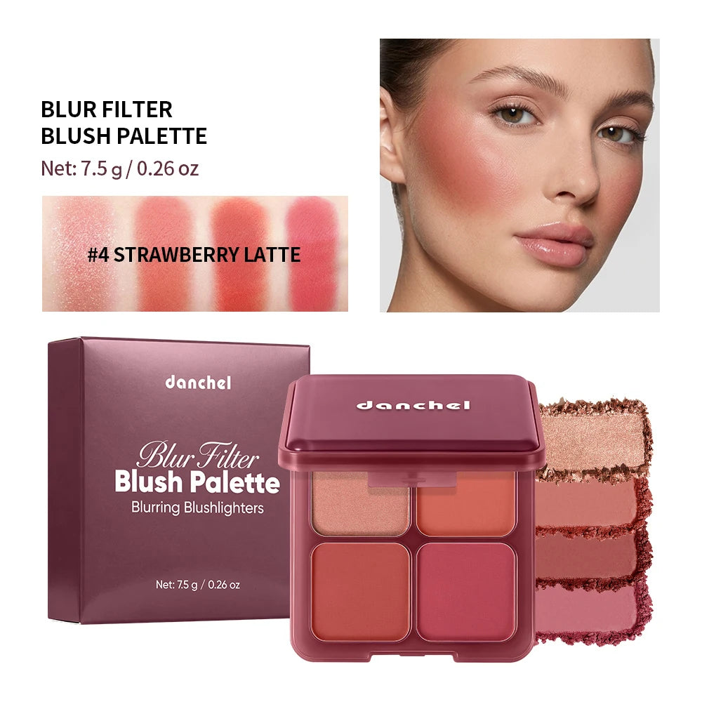 Paleta de Rubor de 4 Tonos, Mate y Brillante, Dos Texturas, Pigmento Rico, Larga Duración, Acabado Suave y Difuminado, Rubor Compacto, Maquillaje Diario para Mejillas