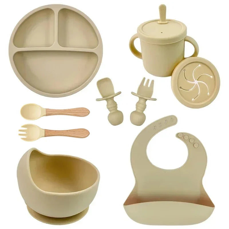 Juego de platos de silicona de grado alimenticio para niños, tazón de alimentación de bebé, plato de succión, taza de paja, cuchara de madera, tenedor, vajilla para niños, platos para niños pequeños
