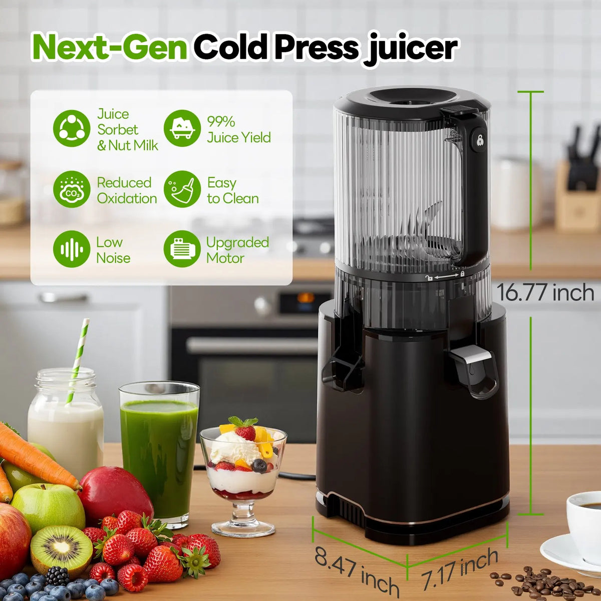 Extractor de Jugos Prensado en Frío con Boca Ancha de 6 Pulgadas, 3 Filtros para Jugos Lisos, Jugos con Pulpa y Sorbetes, Fácil de Limpiar