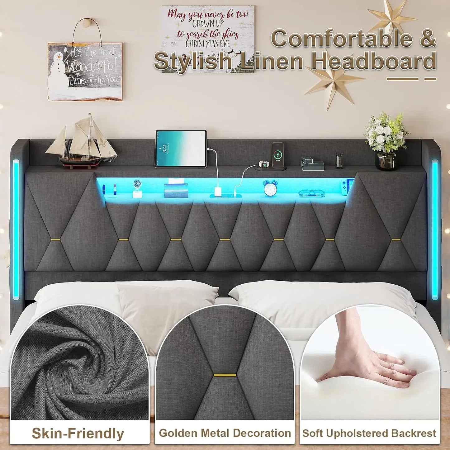 Base de Cama Flotante King con Cabecero con Almacenamiento, Base de Cama King Size, Gris |   Base de Cama Tapizada Tamaño King, Personalizable