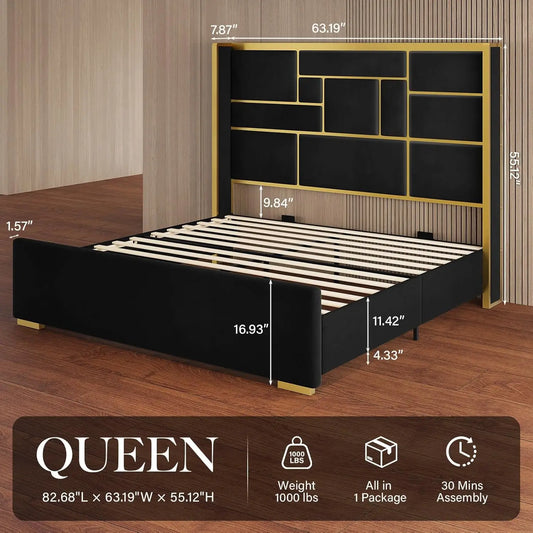 Base de Cama con Cabecera de 55.12 Pulgadas de Alto, Cama de Plataforma Moderna y Lujosa Tapizada en Terciopelo con Detalles en Dorado, Cabecero Ancho, Personalizable