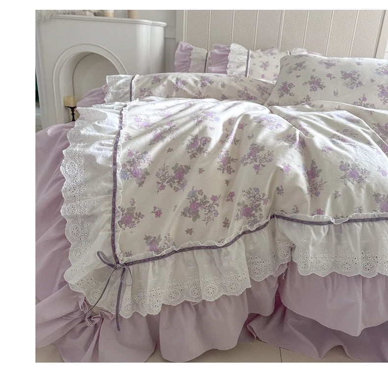 Juego de Ropa de Cama de Algodón 100% con Volantes de Encaje de Doble Capa y Diseño Floral Rosa, Incluye Funda Nórdica, Sábana, Falda de Cama, Sábana Ajustable y Fundas de Almohada (4 Piezas)