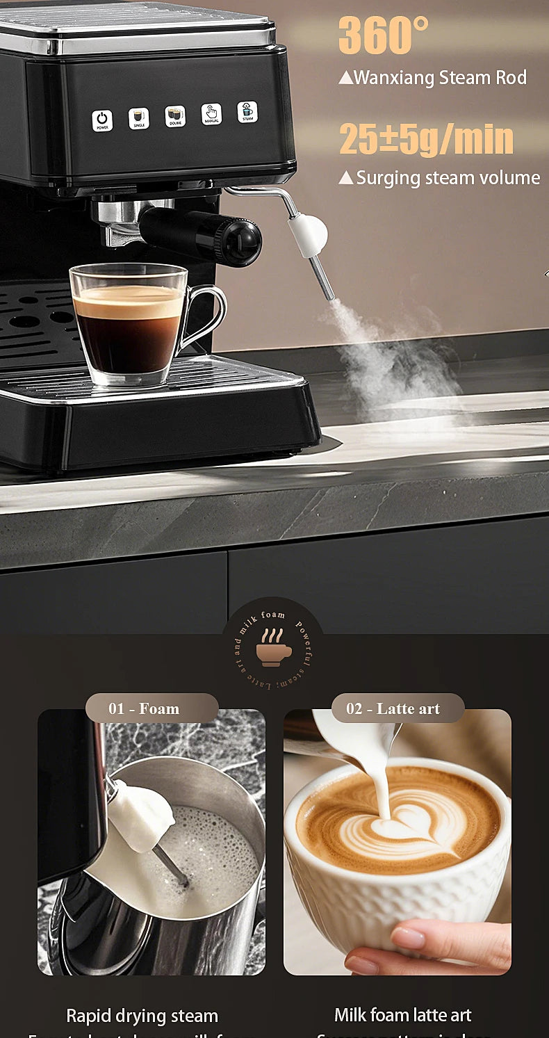 Cafetera Espresso de 20 Bares de Presión, Calentamiento Rápido en 20s, Extracción Automática, Espumador de Leche, Cafetera Barista para el Hogar, Tanque de Agua de 1.5L
