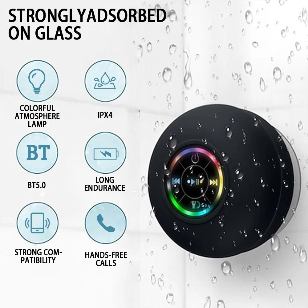 Altavoz portátil inalámbrico con Bluetooth, luz LED IPX4, resistente al agua, para exteriores, baño, ventosa grande, caja de sonido estéreo