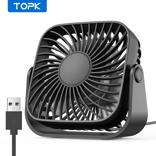 TOPK Mini ventilador USB portátil de 4 pulgadas — 3 velocidades, silencioso, ajuste 360° para escritorio y camping