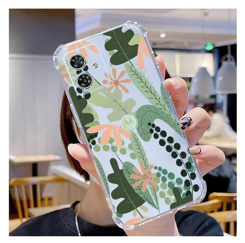 Funda de teléfono transparente G54 flores y hierba para Motorola Moto G54 G53 G52 G72 G82 G13 G73 G32 G84 G14 G42 G24Power G30 G9