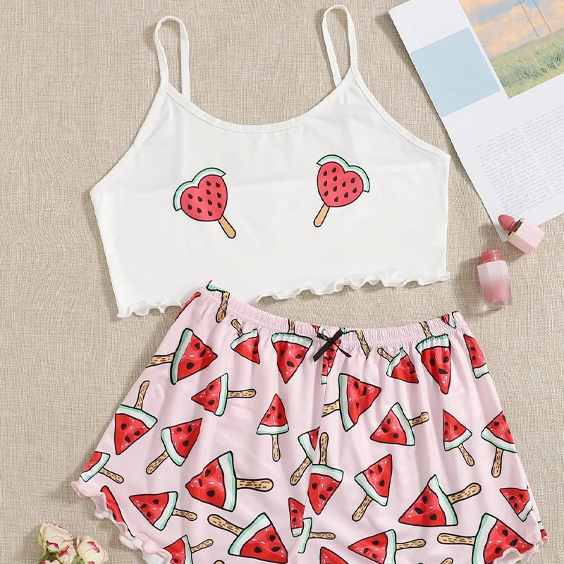 Conjunto de ropa de dormir de casa para mujer, ropa de dormir cómoda de dos piezas con tirantes de sandía, estampado rosa de seda de leche, novedad de verano