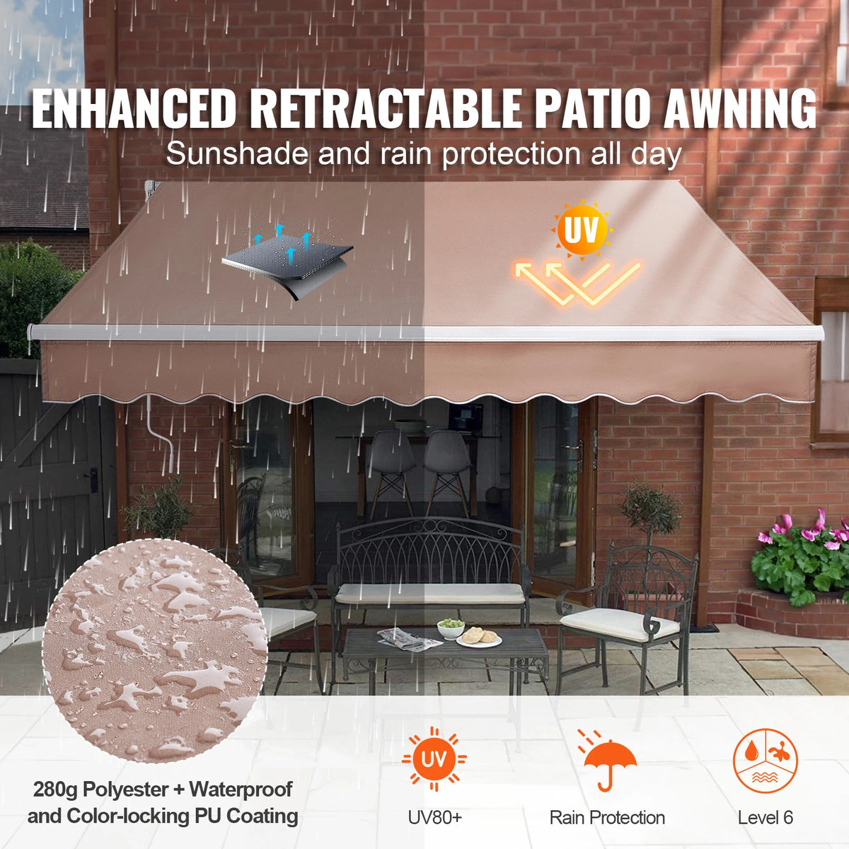 SucceBuy Toldo retráctil manual Toldo exterior Parasol retráctil Poliéster resistente al agua Puerta de patio Ventana para patio trasero