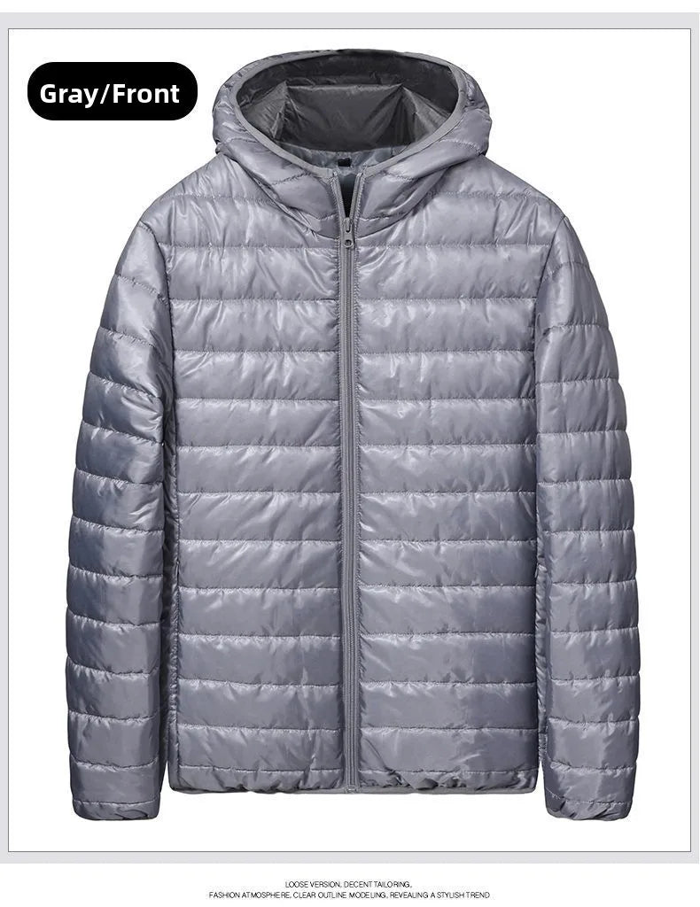 Chaqueta de plumón ligera para hombre, estilo nuevo de otoño-invierno, tipo abrigo acolchado, con cierre de cremallera y capucha, de fibra de poliéster.