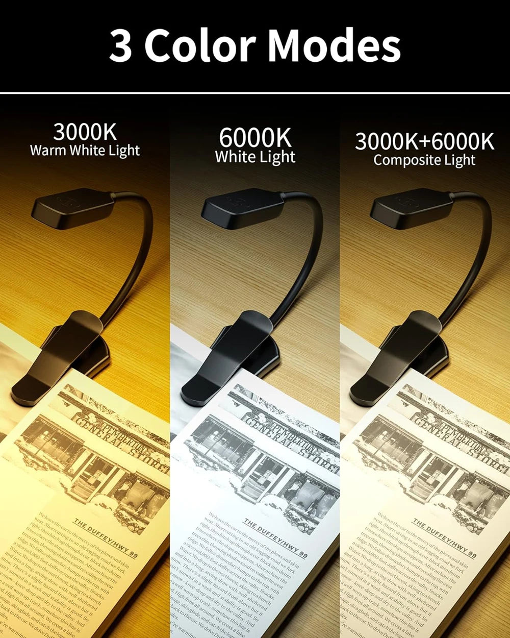 Lámpara de luz de lectura de libros recargable, luz de libro LED para leer en la cama, brillo ajustable para el cuidado de los ojos, 3 temperaturas de color