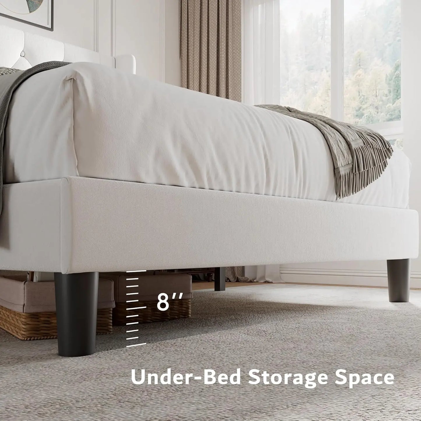 Cama Queen con Plataforma de Terciopelo, Tapizada con Botones, Estructura de Madera, Láminas de Madera, 8 Pulgadas de Espacio de Almacenamiento Debajo de la Cama, Sin Necesidad de Somier, Sin Ruido, Fácil de Montar