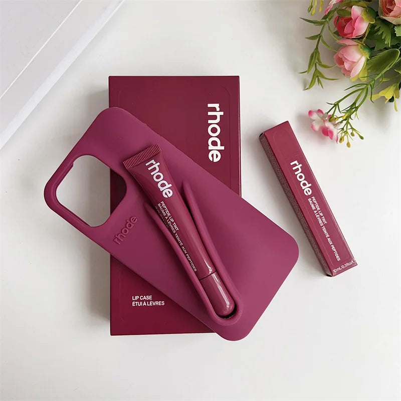 Maquillaje Rhode con caja, soporte para lápiz labial, funda de teléfono para IPhone17 Air 11 12 13 14 15 16 Pro Max Plus, funda suave de silicona para brillo de labios