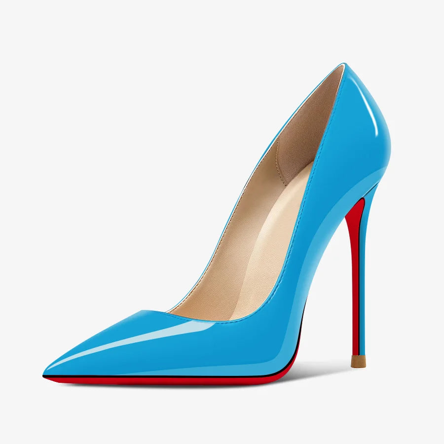 Nuevos tacones altos negros puntiagudos de 12 cm para mujer, tacones delgados con temperamento sexy, boca poco profunda, zapatos individuales con suela roja 34-46