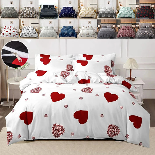 Funda nórdica cepillada estampada, funda de almohada, juego de tres piezas, funda de cama de tela respetuosa con la piel de alta calidad (sin sábana), 3 uds.
